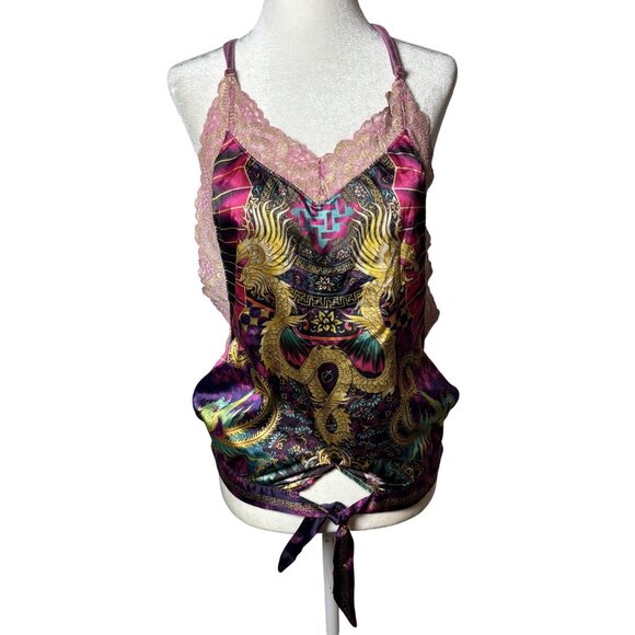 Womens Size L Silky Dragon Print Lingerie Racer Back Lace Trim Cami & Shorts Set - Picture 3 of 15